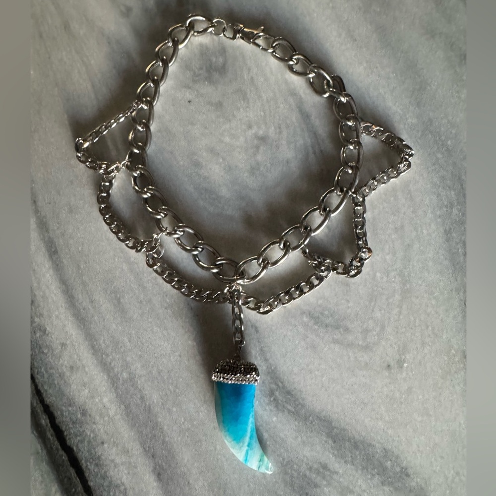 Vintage Silver Necklace with Blue Horn Pendant w/ micro pave diamonds